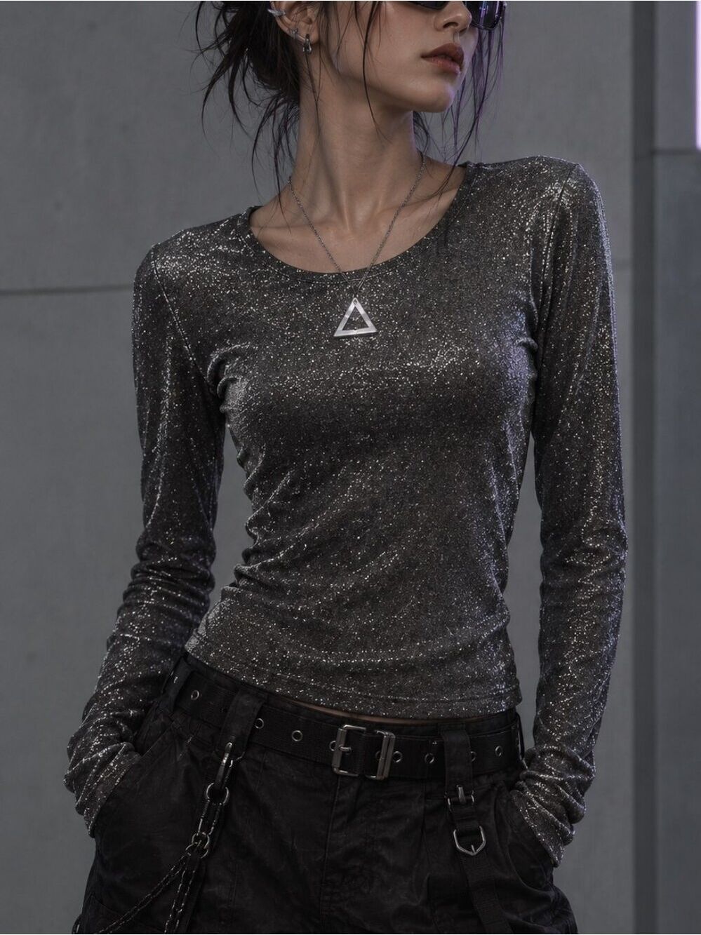 Second Skin by RD Style Sofie Scoop Neck Long Sleeve Top - Glitter Black M